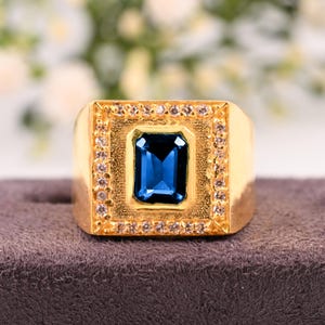 Men&#39;s Art Deco Sapphire Ring: 14K Gold Statement Ring
