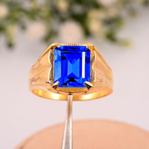14K Yellow Gold Sapphire Ring: Art Deco Men&#39;s Wedding Band