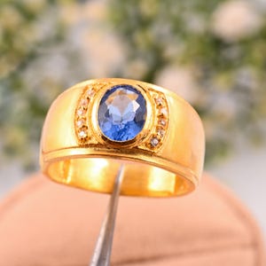 Tanzanite solitairering, 14K gouden klassieke tanzaniet begaafde herenring, tanzaniet uniseks stijl gewaagde verloving, ceremoniering, cadeau voor hem.