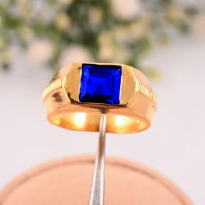 14K Yellow Gold Sapphire Ring: Art Deco September Birthstone