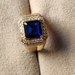 14K Yellow Gold Sapphire Ring for Men | September Birthstone Wedding Band | Delicate Unisex Blue Gemstone | Art Deco Style
