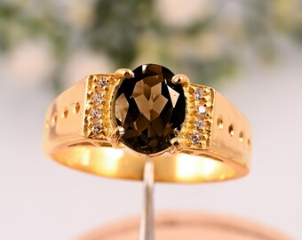 14Kゴールド スモーキークォーツリング:アールデコ調メンズ結婚 14Kゴールド スモーキークォーツリング:アールデコ調メンズ結婚