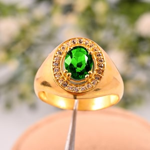 14K Gold Emerald Ring: Diamond Accents, Art Deco Signet - May Birthstone