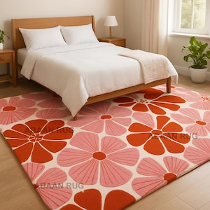 Boho Floral Area Rug – Pink And Orange Flower Pattern Area Rug, Carpet for Living Room & Bedroom 8x10 Area rug.