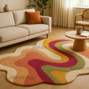 Colorful Abstract Wavy Rug – Retro Modern Cozy Floor Decor | ABAAN Rug for Living Room Aesthetic decor, 6x9 Area Rug.