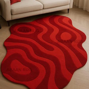 Red Wave Modern Rug – Abstract Artistic Carpet for Bold Living Room Decor, 6x9 Area Rug.