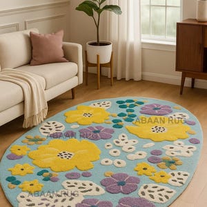 Floral Bloom Hand Tufted Wool Rug – Oval Shape in Yellow, Purple & Blue Shape Carpet, Hand Tufted 5x7 Rug All Custom Area Rug.