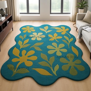 Teal Floral Wave Rug – Modern Botanical Area Rug for Living Room, bedroom Area Rug Decor, 6x9 Area Rug.