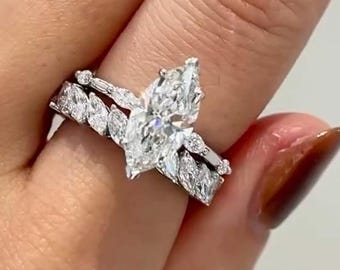 Marquise Verlobungsring Set, Weißgold Moissanit Brautring, Diamant Ehering