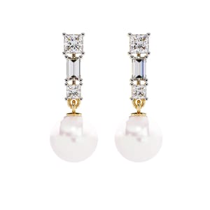 Gold Pearl Drop Earrings | Bridal Dangle Earrings | Elegant Wedding Earrings | Crystal Long Earrings | Classic Pearl Earrings for Women