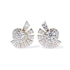 Gold Diamond Stud Earrings | Sunburst Halo Studs | Unique Round Cut Bridal Earrings | Modern Fine Jewelry | Gift for Her