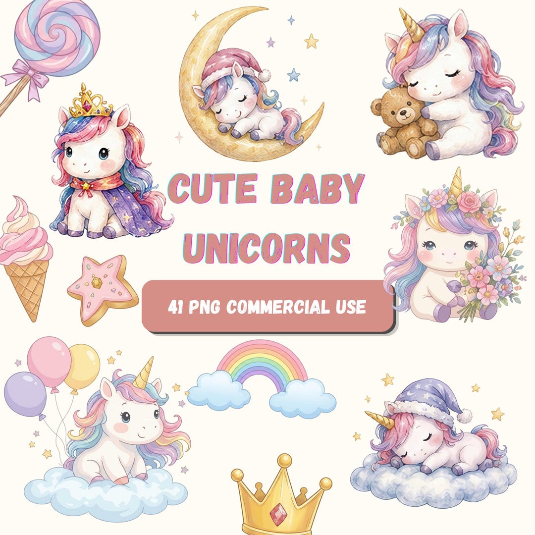 Watercolor Cute Baby Unicorns PNG Clipart Bundle, 41 Pastel Mythical ...