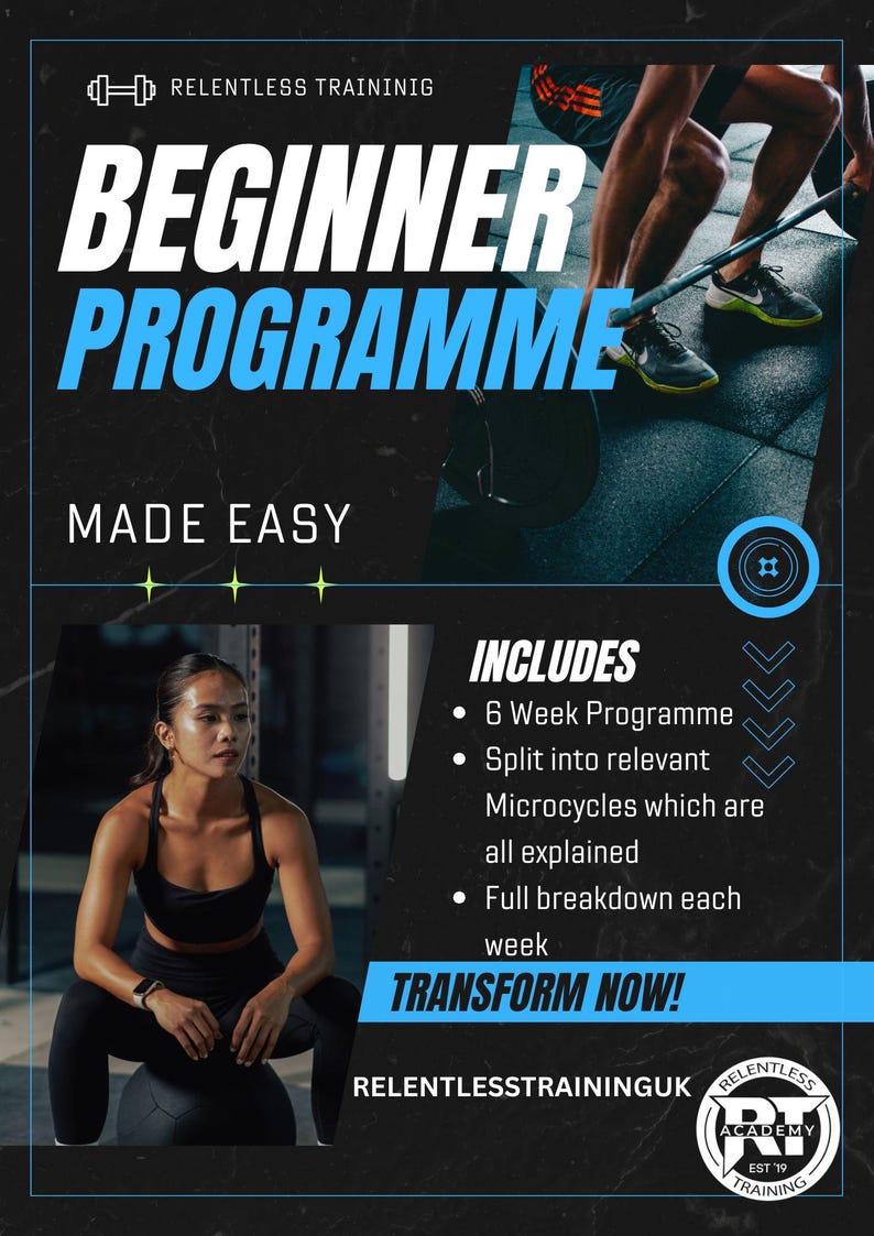 Puede incluir: Anuncio de fitness con el texto "BEGINNER PROGRAMME MADE EASY". Presenta a una mujer con ropa de entrenamiento y a una persona levantando pesas. El texto tambi&eacute;n incluye "TRANSFORM NOW!" y "6 Week Programme."