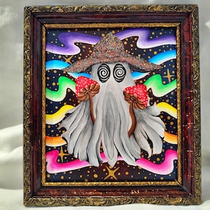 Wandering Spirit - Surreal Spectral Wizard Painting: Psychedelic Halloween Art in Vintage Frame