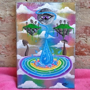 Moon Drops - Psychedelic Moon Acrylic Painting: Surreal Silver & Rainbow Wall Art