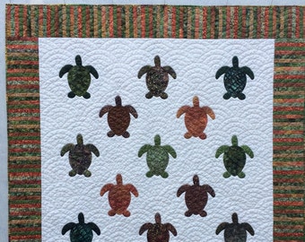 Green and Rust Hand Appliqued Sea Turtle Lap Quilt or Wall Hanging 45"x 46"