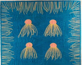 Silk UFO Jellyfish Hand Appliqued and Embroidered Quilted Wall Hanging