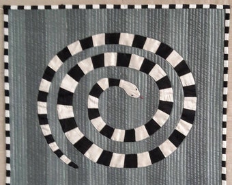 Hand Appliqued Silk Black and White Striped Snake Quilted Wall Hanging