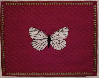 White Silk Hand Appliqued and Embroidered Butterfly Quilted Wall Hanging