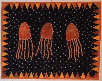 Hand appliqued and Hand Embroidered Jellyfish Quilted Wall Hanging