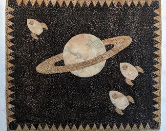 Spaceships Passing Saturn Quilted Wall Hanging