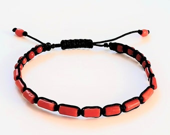 Red Italian Coral gemstone bracelet - unisex adult jewelry - Natural stones - Black cord - macrame - adjustable - rice-shaped & round beads
