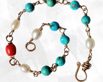 Turquoise bracelet, 14k Gold-filled wire, red Italian Coral, white Freshwater Pearls, 6mm beads, 6.3 inch natural gemstone, women's jewelry