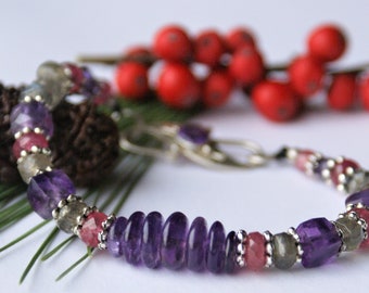 Purple Amethyst gemstone bracelet with pink Ruby - Labradorite - Tibetan silver flower beads - jewelry for women - natural stones -