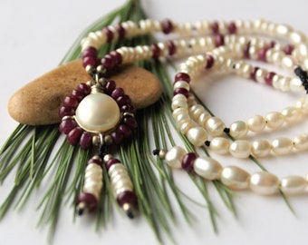 Short Ruby gemstone necklace with white Freshwater Pearls and Sterling silver wire and beads - stone jewelry for women - handmade - unique