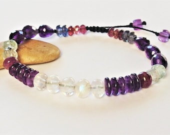 Rainbow Moonstone gemstone bracelet - Amethyst - Ruby - Iolite - Garnet - pink Tourmaline - black macrame - natural stone jewelry for women