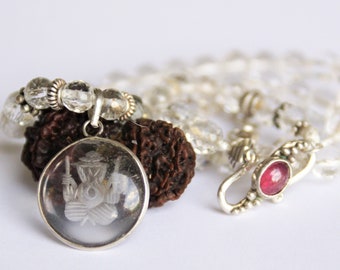 Clear Crystal Quartz gemstone necklace - faceted - carved Ganesha - Sterling silver pyramid beads - pink Tourmaline S closing - Adjustable