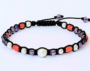 Gemstone bracelet with white Freshwater Pearls - purple Amethyst - red Italian Coral - black cord 1 mm - macrame - 16 cm length - 6 mm width