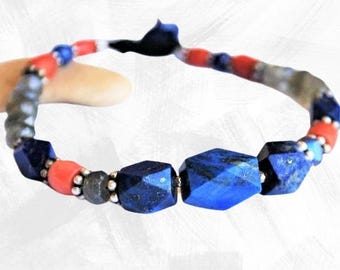 Unisex gemstone bracelet - Lapis lazuli - red Italian Coral - green Labradorite - macrame - Sterling silver beads - Natural stones
