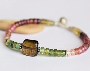 Tourmaline gemstone bracelet - transparent green - pink - yellow - Sterling silver beads - white cord - Natural stone bracelet