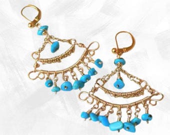 Turquoise earrings, gemstone beads, Sleeping Beauty, wire wrapped, 14k Gold-filled wire