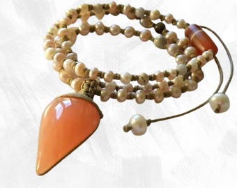 Apricot Aventurine necklace, white Freshwater Pearls, Jasper, Agate - Adjustable, gemstone, beaded necklace, Tribal