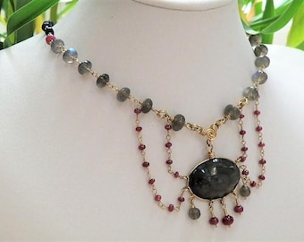 Rainbow Obsidian - Gold filled wire wrapped - Ruby - Sapphire - Labradorite - gemstone necklace - natural stone - Victorian style - Elegant
