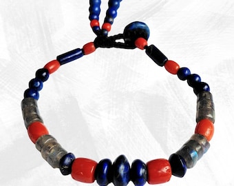 Lapis Lazuli Bracelet: Coral, Labradorite, Macrame Tassel, Gemstone Beaded