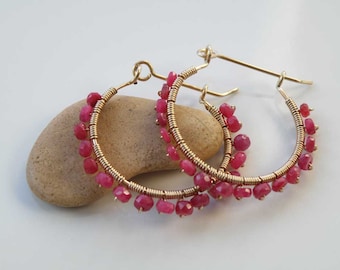 Red Ruby gemstone earrings wire wrapped on Gold filled gauge - faceted beads - Natural stones