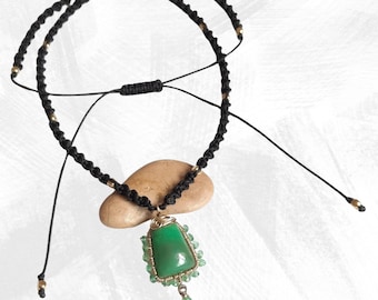 Chrysoprase and Emerald gemstone necklace, wire-wrapped, 14k Gold-filled wire, macrame chain, natural stone pendant for women