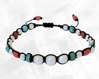 Freshwater Pearl, Turquoise & Coral Macrame Bracelet: Unisex Gemstone Jewelry
