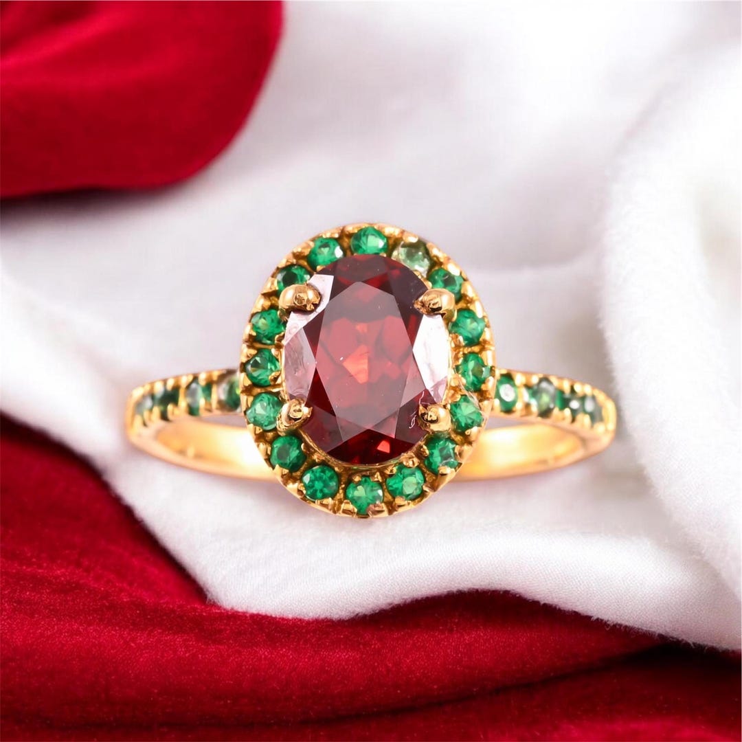 Oval Garnet Ring, Green CZ Halo, Vintage Style Gold Promise Ring ...