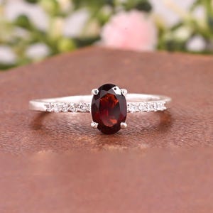 Oval Garnet Ring, January Birthstone, 925 Sterling Silver, Dainty Diamond Band