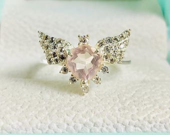 Heart Cut Rose Quartz Ring: Sterling Silver Angel Wings, Pink Crystal