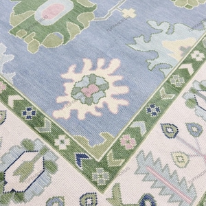 Sky Blue Hand-Knotted Oushak Rug – Traditional Turkish Design with Green & Cream Accents | Vintage-Style Wool Area Rug | Made in India