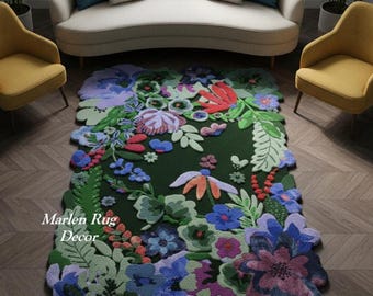 Colorful Garden Floral Rug Hand Tufted Wool Botanical Statement Living Room Carpet