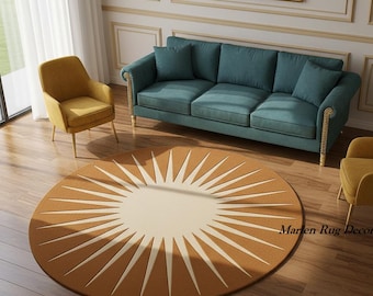 Hand-Tufted Wool Round Rug: Sunburst Pattern, Modern Living Room Area Carpet