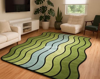 Retro Green Wavy Rug Hand Tufted Wool Abstract Statement Living Room Carpet
