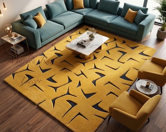 Graphic Wool Rug Ochre Brown Sculpted Geometric Design Modern Living Room Decor