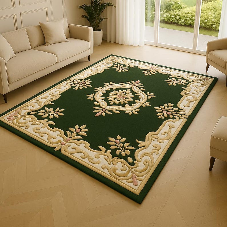May include: A rectangular green area rug with an ornate floral design. The rug features a cream-colored border with floral and scrollwork patterns. The central design is a large floral medallion. The rug is placed on a light-colored wooden floor.